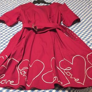 eShakti Red Women Dress with Heart Embroidery Waist 37 Bust 45 Long 53